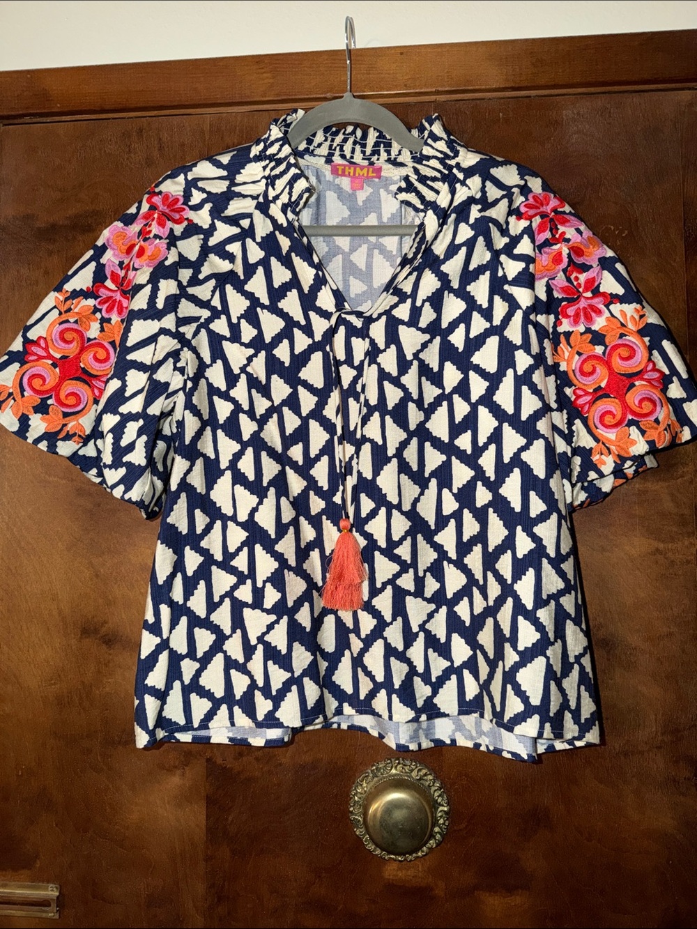 THML Navy & White Geometric Top with Pink and Orange Embroidered Sleeves